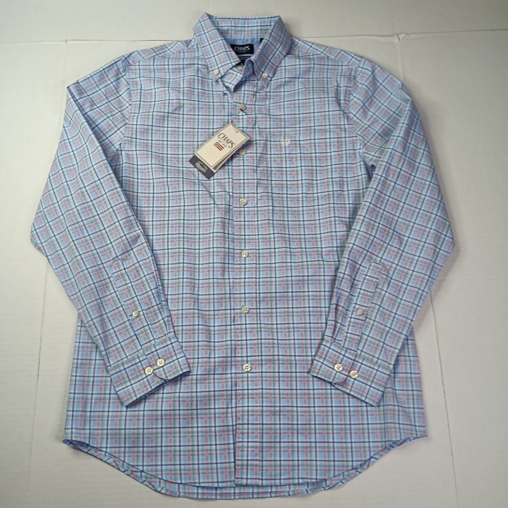 Chaps Easy Care Woven Shirt Men's Size S Blue Bell Plaid Stretch Classic Fit